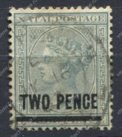 Наталь 1876 г. • Gb# 105 • 2 на 3 d. • Королева Виктория • надпечатка нов. номинала • стандарт • Used VF ( кат.- £ 7 )