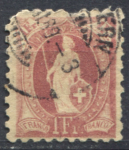 Швейцария 1888 г. • SC# 93 • 1 fr. • "Швейцария" со щитом • перф. - 9½ • стандарт • Used F- ( кат. - $90 )