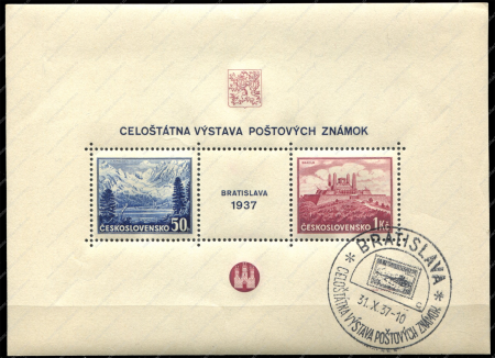 Чехословакия 1937 г. • Mi# Bl. 1 • 50 h. + 1 k. • Филателистическая выставка в Братиславе • виды страны • блок • Used(СГ) XF