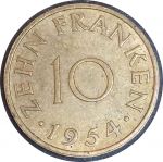 Саар 1954 г. • KM# 1 • 10 франков • промышленные объекты • регулярный выпуск • UNC ( кат.- $10 )
