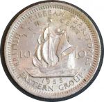 Восточно-Карибский Союз 1955 г. • KM# 4 • 10 центов • Елизавета II • парусник • регулярный выпуск(первый год) • MS BU-