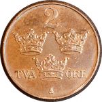 Швеция 1921 г. • KM# 778 • 2 эре • королевская монограмма • регулярный выпуск • XF-AU