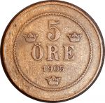 Швеция 1905 г. • KM# 757 • 5 эре • Оскар II • монограмма • регулярный выпуск • XF- ( кат. - $10- )