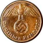 Германия • 3-й рейх 1937 г. D (Мюнхен) • KM# 89 • 1 рейхспфенниг • орел на венке • регулярный выпуск • XF