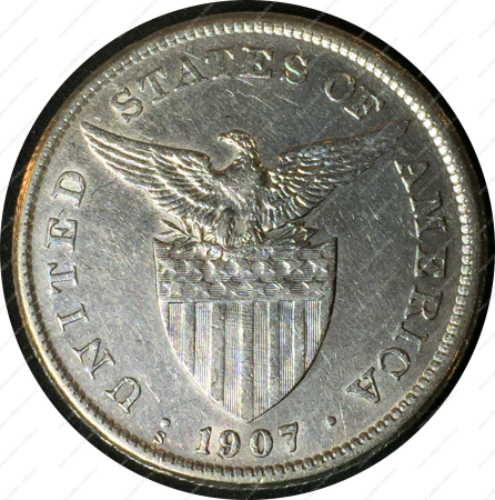 Филиппины 1907 г. S • KM# 172 • 1 песо • американский орел на щите • серебро • регулярный выпуск • BU- ( кат. - $100 )
