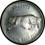 Канада 1967 г. • KM# 68(68a) • 25 центов • 100-летие Конфедерации • Елизавета II • рысь • серебро • регулярный выпуск • BU-