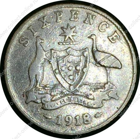 Австралия 1918 г. m • KM# 25 • 6 пенсов • Георг V • серебро • регулярный выпуск • F-VF ( кат.- $180- ) ®