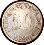 Германия 1877 г. C (Франкфурт) • KM# 6 • 50 пфеннигов • Имперский орел • серебро • регулярный выпуск • XF- ( кат. - $55- )