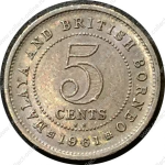 Малайя и Британское Борнео 1961 г. KN • KM# 1 • 5 центов • Елизавета II • регулярный выпуск • BU ( кат. - $15 )