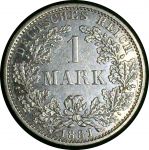 Германия 1881 г. A (Берлин) • KM# 7 • 1 марка • (серебро) • Имперский орел • регулярный выпуск • AU+ ( кат. - $100- )