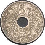 Французский Индокитай 1937 г. • KM# 18 • 5 центов • регулярный выпуск • XF+