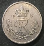 Дания 1949 г. KM# 842.1 • 25 эре • королевская монограмма • регулярный выпуск • XF+ (кат. - $10)