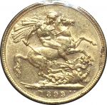 Великобритания 1893 г. • KM# 785 • соверен • королева Виктория(портрет вдовы) • золото 917 - 7.99 гр. • регулярный выпуск • BU-