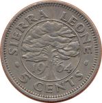 Сьерра-Леоне 1964 г. • KM# 18 • 5 центов • Милтон Маргаи • регулярный выпуск • AU+