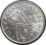 Новая Каледония 1977 г. • KM# 11 • 10 франков • каноэ • регулярный выпуск • MS BU