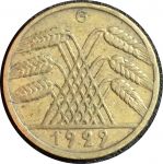 Германия 1929 г. G (Карлсруэ) • KM# 40 • 10 рейхспфеннигов • колосья пшеницы • регулярный выпуск • XF ( кат. - $25 )