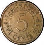 Маврикий 1959 г. • KM# 34 • 5 центов • Елизавета II • герб колонии • регулярный выпуск • VF-XF