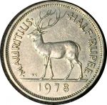 Маврикий 1978 г. • KM# 37.1 • ½ рупии • Елизавета II • олень • регулярный выпуск • AU+*