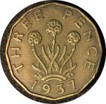 Великобритания 1937 г. • KM# 849 • 3 пенса • первый год чеканки типа • Георг VI • армерия • регулярный выпуск • VF+