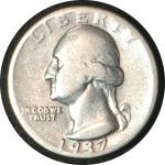 США 1937 г. • KM# 164 • квотер (25 центов) • Джордж Вашингтон • серебро • регулярный выпуск • F-VF