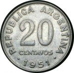 Аргентина 1951 г. • KM# 48 • 20 сентаво • Генерал Хосе дe Сан Maртин  • регулярный выпуск • AU+