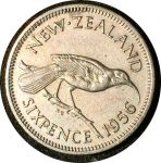 Новая Зеландия 1956 г. • KM# 26.2 • 6 пенсов • Елизавета II • птица гуйа • регулярный выпуск • AU ( кат. - $15 )