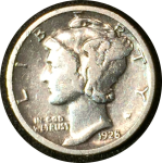 США 1928 г. • KM# 140 • дайм(10 центов) • "голова Меркурия" (серебро) • регулярный выпуск • VF