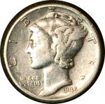 США 1945 г. • KM# 140 • дайм(10 центов) • "голова Меркурия" (серебро) • регулярный выпуск • VF
