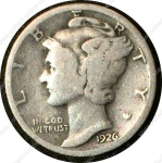 США 1926 г. • KM# 140 • дайм(10 центов) • "голова Меркурия" (серебро) • регулярный выпуск • F