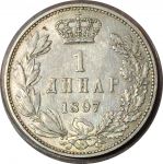 Сербия 1897 г. • KM# 21 • 1 динар • король Александр I • регулярный выпуск • AU+ ( кат.- $50+ )