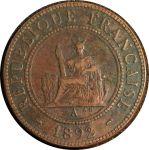 Французский Индокитай 1892 г. A(Париж) • KM# 12.1 • 1 цент • регулярный выпуск • XF+