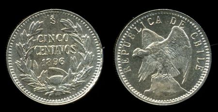 Чили 1896 г. • KM# 155.1 • 5 сентаво • Кондор на скале • серебро • регулярный выпуск • MS BU