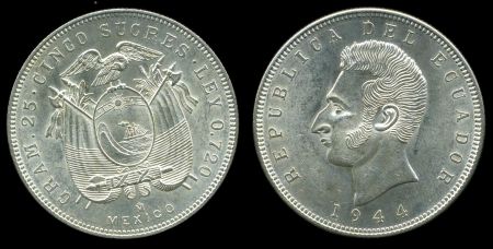 Эквадор 1944 г. Mo(Мехико) • KM# 79 • 5 сукре • Антонио де Сукре • серебро • регулярный выпуск • MS BU Люкс!! ( кат. - $200+ )