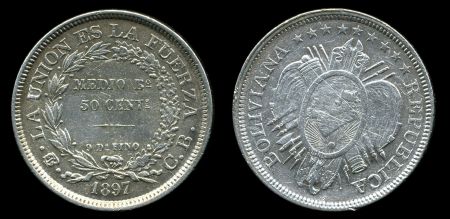 Боливия 1897 г. PTS ES • KM# 161.5 • 50 сентаво • государственный герб • серебро • регулярный выпуск • AU