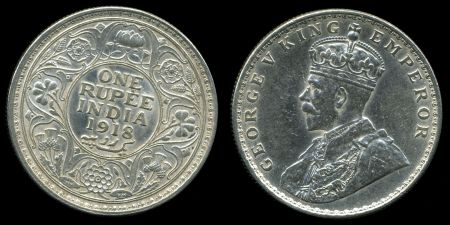 Британская Индия 1918 г. (Калькутта) • KM# 524 • 1 рупия • Георг V • серебро • регулярный выпуск • BU-