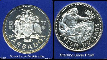 Барбадос 1977 г. • KM# 17a • 10 долларов • бог Нептун • регулярный выпуск • MS BU пруф!