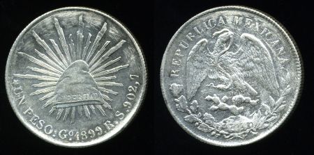 Мексика 1899 г. Go RS (Гуанахуато) • KM# 409.1 • 1 песо • орел • серебро • регулярный выпуск • XF- 