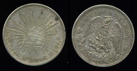 Мексика 1909 г. Mo GV (Мехико) • KM# 409.2 • 1 песо • орел • серебро • регулярный выпуск • BU-