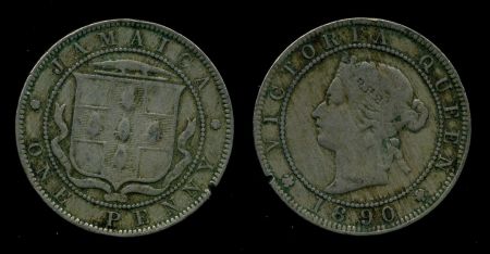Ямайка 1890 г. • KM# 17 • 1 пенни • королева Виктория • герб Ямайки • регулярный выпуск • VF