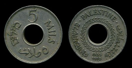 Палестина 1935 г. • KM# 3 • 5 милей • регулярный выпуск • XF+ ( кат. - $10+ )