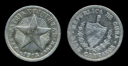 Куба 1915 г. • KM# A12 • 10 сентаво • звезда и герб • (серебро) • регулярный выпуск • +/- VF