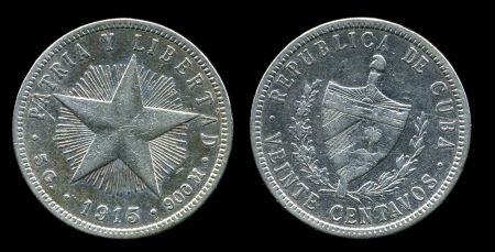 Куба 1915 г. KM# 13.2 • 20 сентаво • (серебро) • регулярный выпуск • VF - VF+