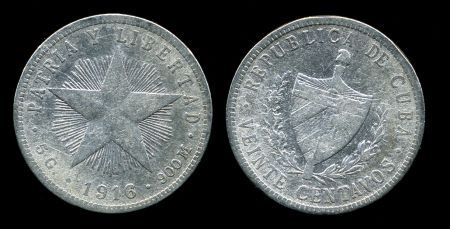 Куба 1916 г. • KM# 13.2 • 20 сентаво • звезда и герб • (серебро) • регулярный выпуск • VF - VF+