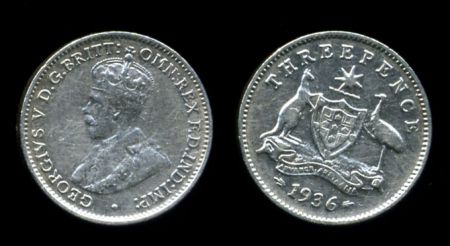 Австралия 1936 • KM# 24 • 3 пенса • Георг V • герб(кенгуру и страус) • регулярный выпуск • XF