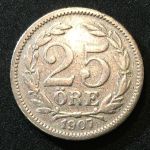 Швеция 1907 г. • KM# 785 • 25 эре • герб • серебро • регулярный выпуск • VF+