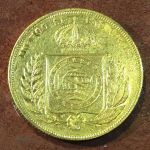Бразилия 1866 г. • KM# 467 • 10 тыс. рейс • Император Педру II • золото 917 - 8.96 гр. • AU+