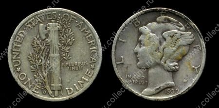 США 1939 г. D • KM# 140 • дайм(10 центов) • "голова Меркурия" (серебро) • регулярный выпуск • VF