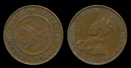 Австралия 1922 г. • KM# 23 • 1 пенни • Георг V • регулярный выпуск • VF+ ( кат.- $10 )