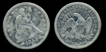 США 1853 г. • KM# 78 • квотер(25 центов) • "Сидящая Свобода" • Американский орел • регулярный выпуск • год - тип • F-VF