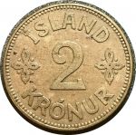 Исландия 1929 г. • KM# 4.1 • 2 кроны • государственный герб • регулярный выпуск • XF+ ( кат. - $80+ )